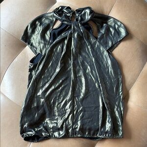 BCBGMaxAzria black and gold metallic high neck cut out cap Sleeve Blouse